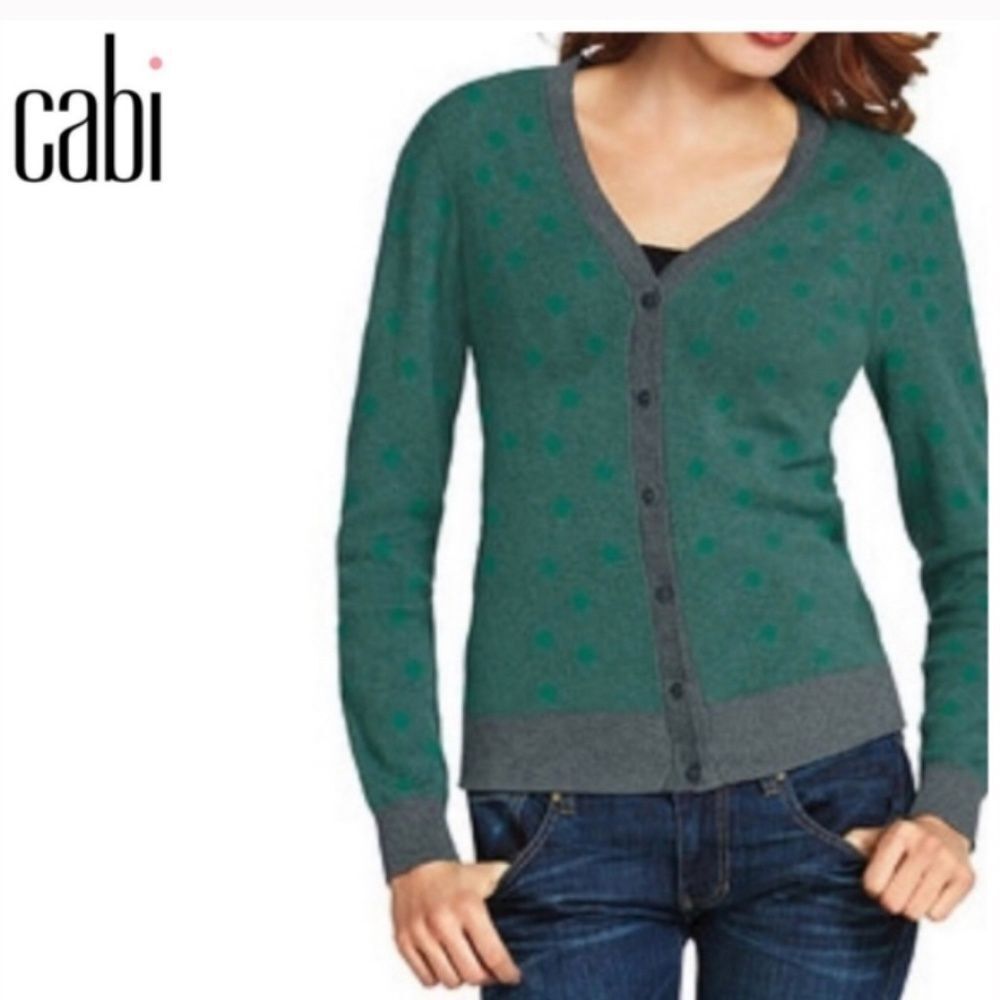 NWT Cabi Teal & Gray Polka Dot Button Front Cardigan Sweater Sz S